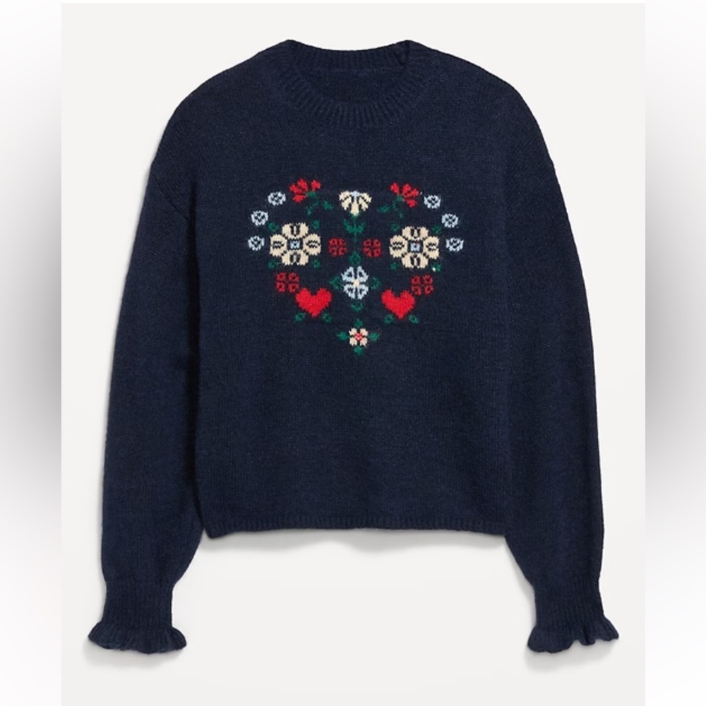 Old Navy Loose Crew-Neck Wool-Blend Heart Graphic Cropped Sweater Size L